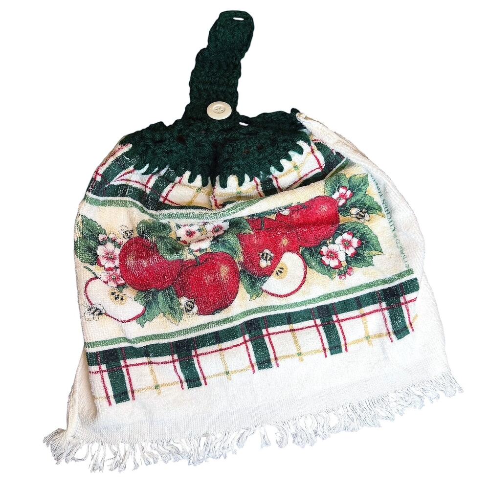 Vintage Franco Apple Country Cottage Kitchen Crochet Hanging Dish Towels 90s